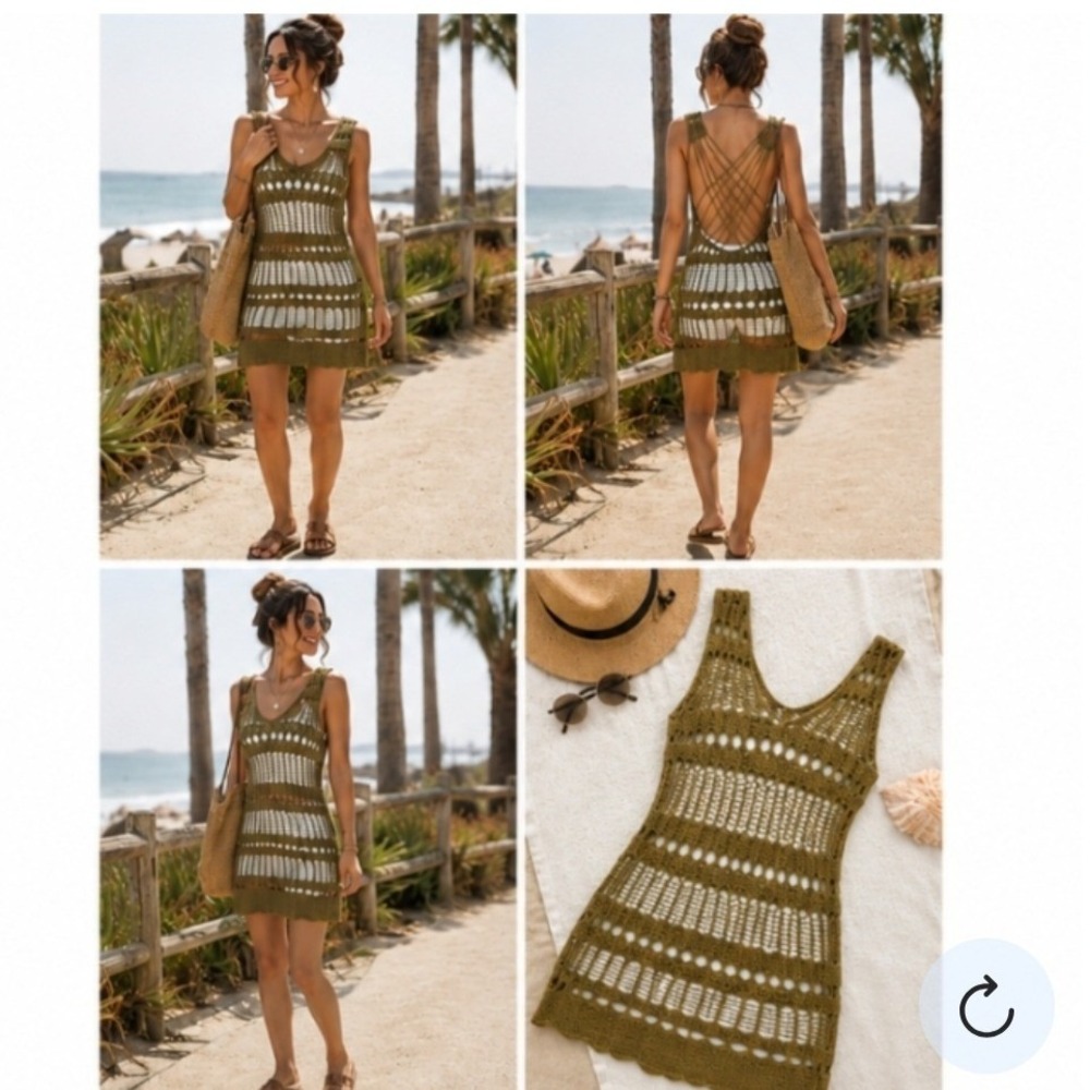 Jennifer Lopez Goldn Moss Open‎ Knit Strappy Back Cover Up Dress Medium